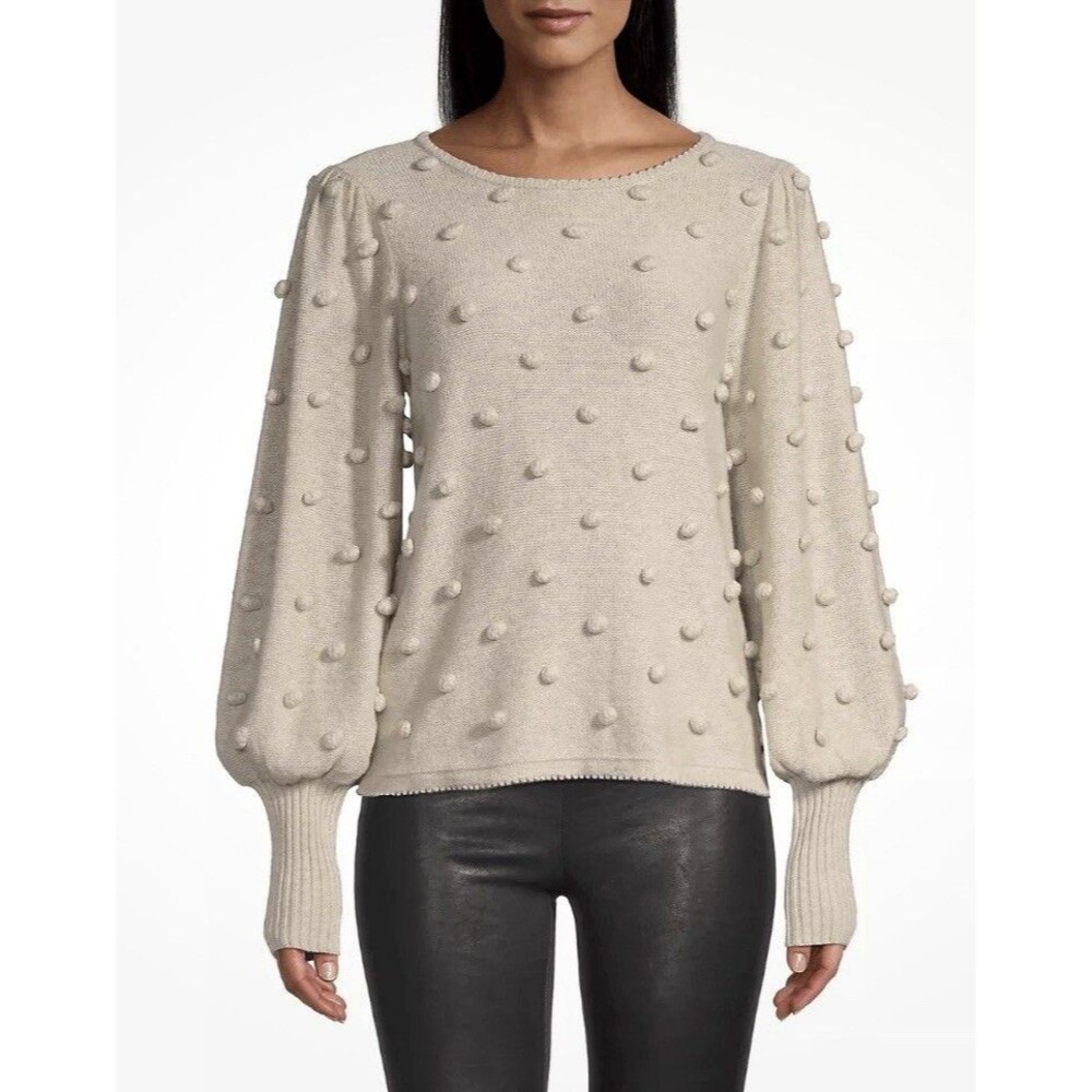 Lilly Pulitzer Kippa Bauble Puff-Sleeve Pom Pom Pull Over Tan Sweater Size M
